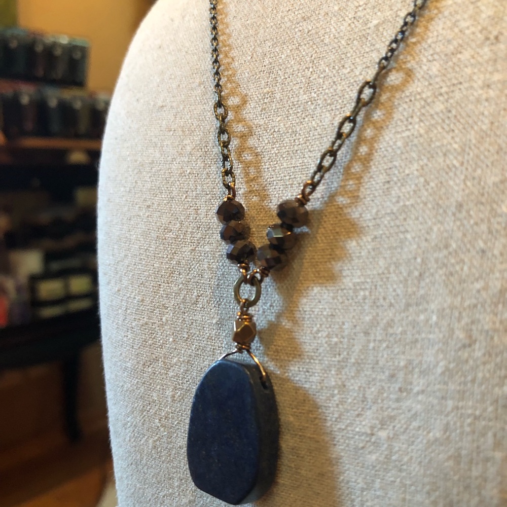 Genuine Lapis and Charcoal Crystal Long Necklace